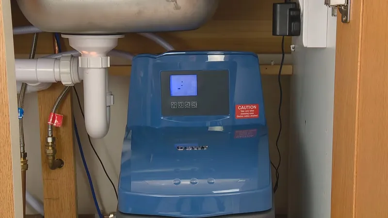 Compact blue water softener with a digital display standing under a sink cabinet with a P-trap above