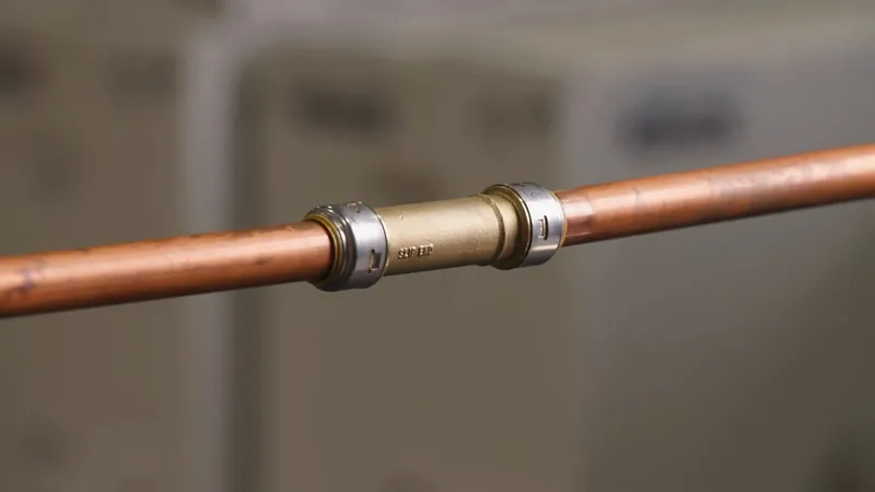 Copper pipe joined with a metal press coupling against a blurred background
