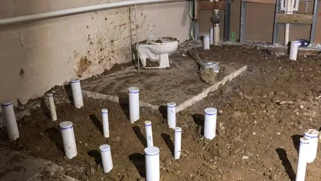 Exposed soil with a grid of white PVC stub-outs and a toilet standing on bare ground in front of a stained wall