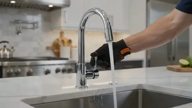 Gloved hand turning a chrome gooseneck kitchen faucet with water running into the sink