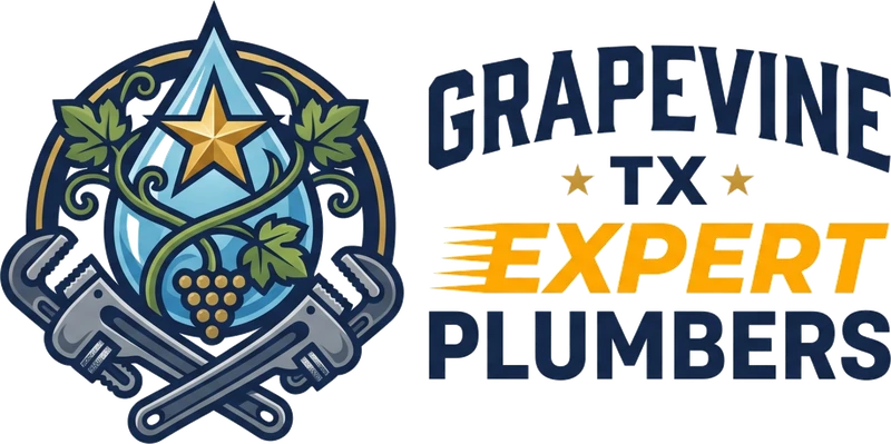 Grapevine TX Expert Plumbers logo: water drop with grape vine and crossed pipe wrenches