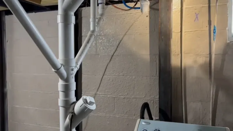 Gray PVC drain stack running down a basement wall of painted block with a cleanout fitting