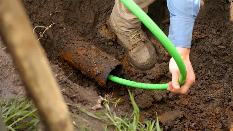 Green jetting hose fed into the open end of a rusty cast iron pipe in a dug-out yard with a boot beside it
