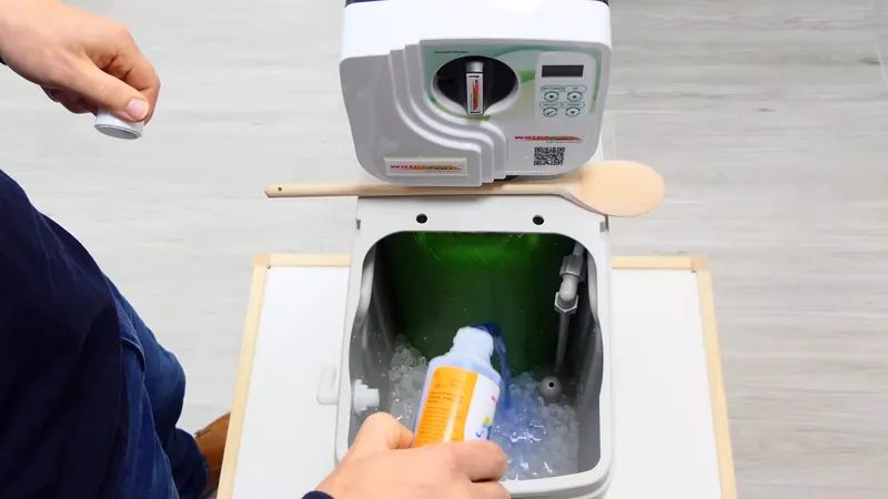 Hands pouring salt into a white softener brine tank with a green liner while a wooden spoon rests on the lid