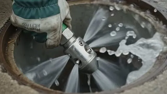 Gloved hand holding a jetting nozzle that sprays water in all directions inside a round manhole