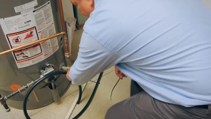 Man in a light blue shirt crouched beside a gas water heater with a garden hose attached at the base