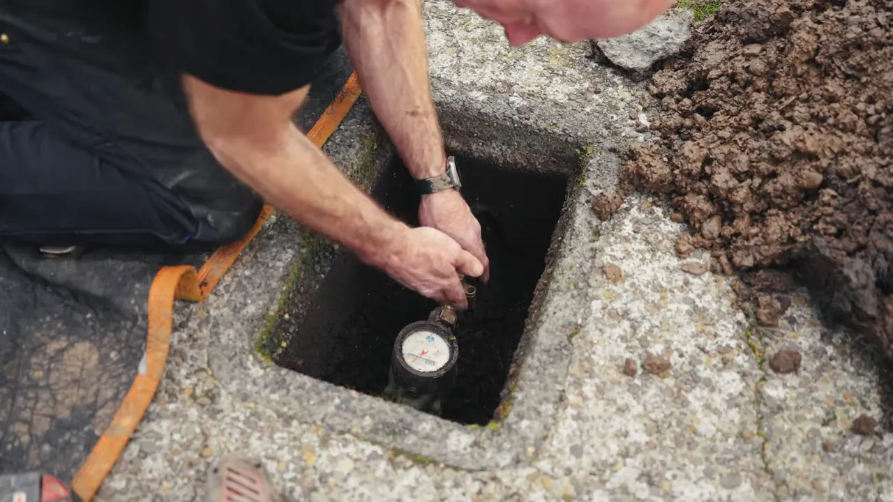 Man in a black shirt kneeling at an open ground box reading a water meter dial