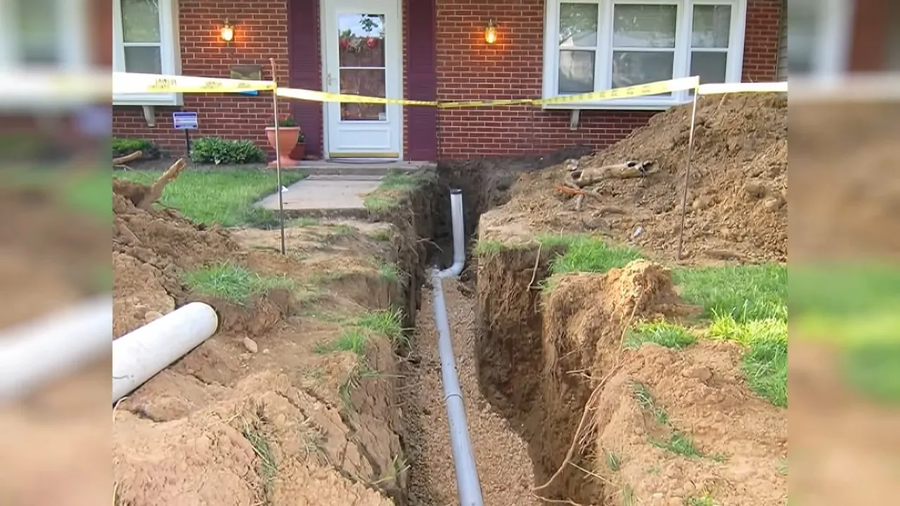 Long open trench running along the front of a brick house with white and gray PVC pipe laid beside it