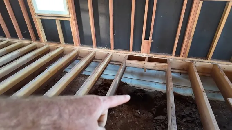 Section of floor opened to show joists over dirt below with a hand pointing into the gap