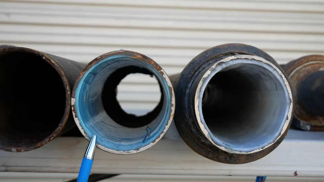 Three cut pipe ends in a row, one bare steel, one with a blue coating and one with a thick lining