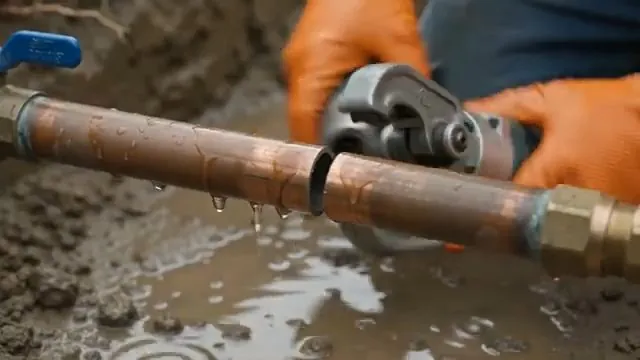 Orange-gloved hands using a press tool on a copper pipe with droplets of water in a muddy trench