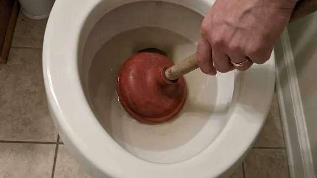 Red plunger sitting in a white toilet bowl held by a hand with a wedding ring