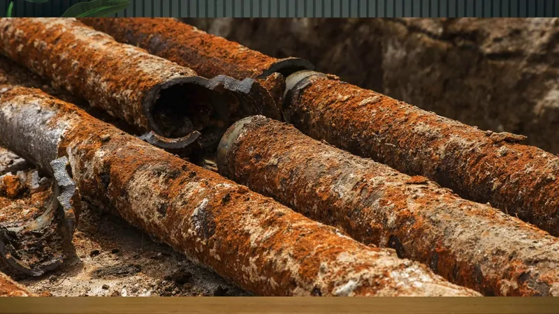 Several lengths of heavily rusted galvanized pipe stacked together with scale and corrosion showing