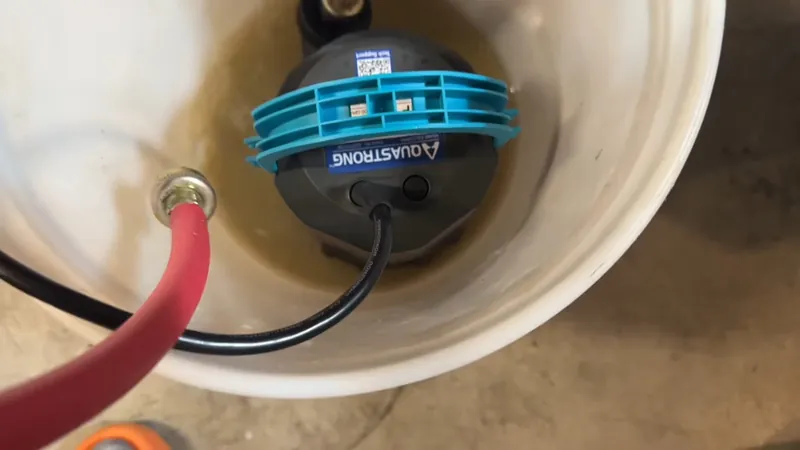Submersible pump with a red discharge hose sitting inside a white bucket