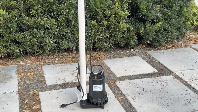 Black submersible pump standing on concrete pavers beside a white discharge pipe and a hedge