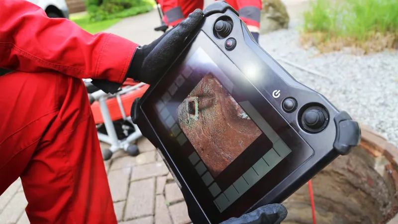 Technician in a red jacket holding a handheld sewer camera monitor showing the inside of a pipe