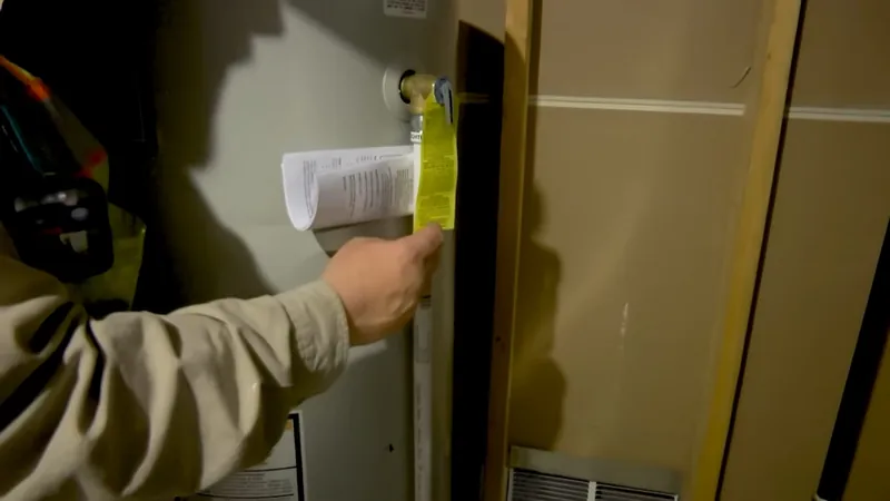 Technician's hand holding a paper tag against the side of a water heater in a utility closet