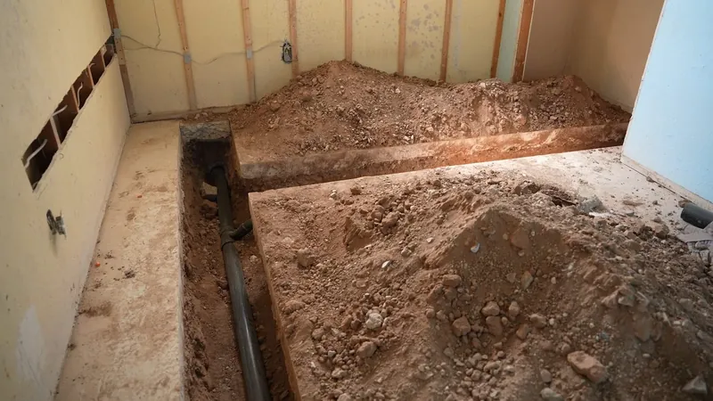 Trench cut through the floor of a stripped room with a black drain pipe laid in it and piles of soil beside it