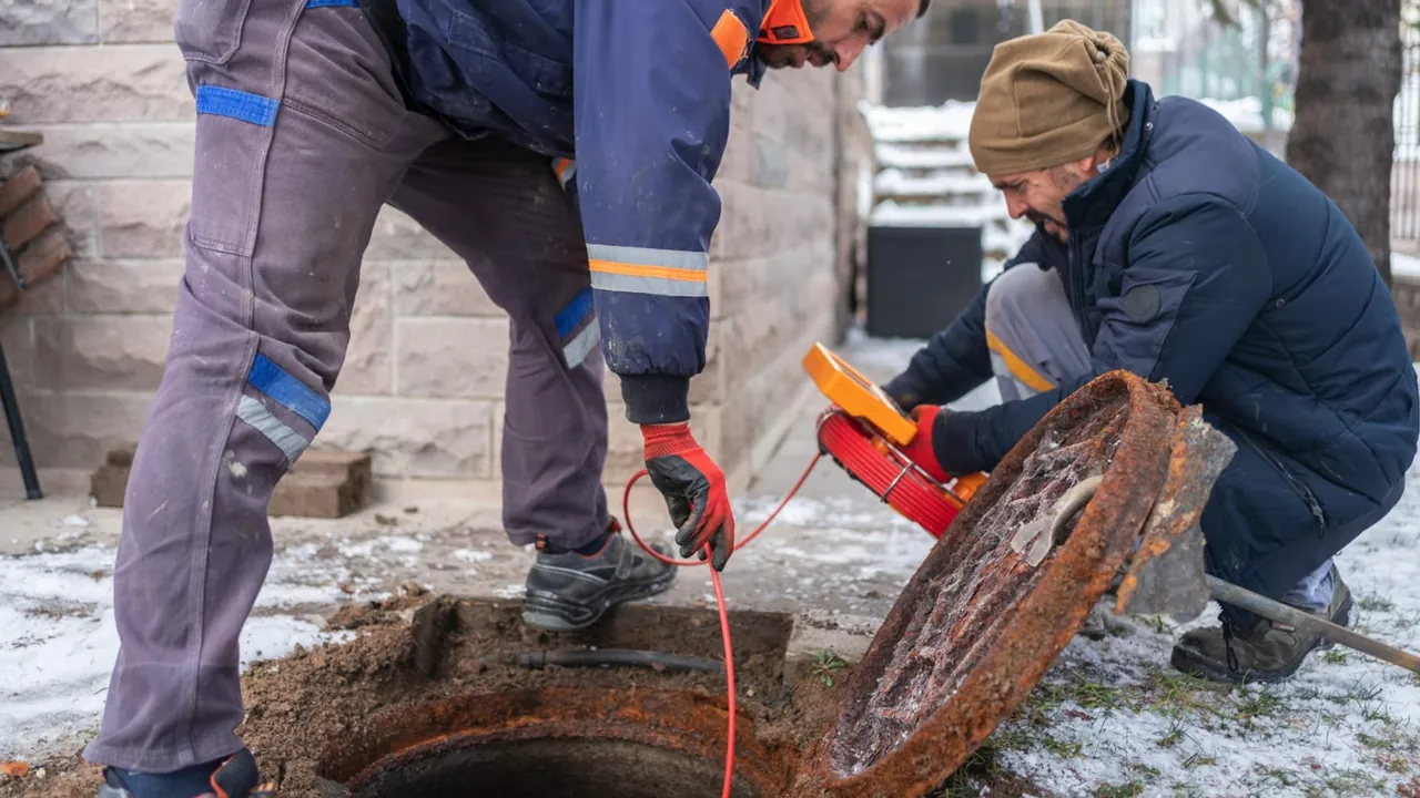 Two workers kneeling at an open manhole in a snowy yard, one feeding an orange cable