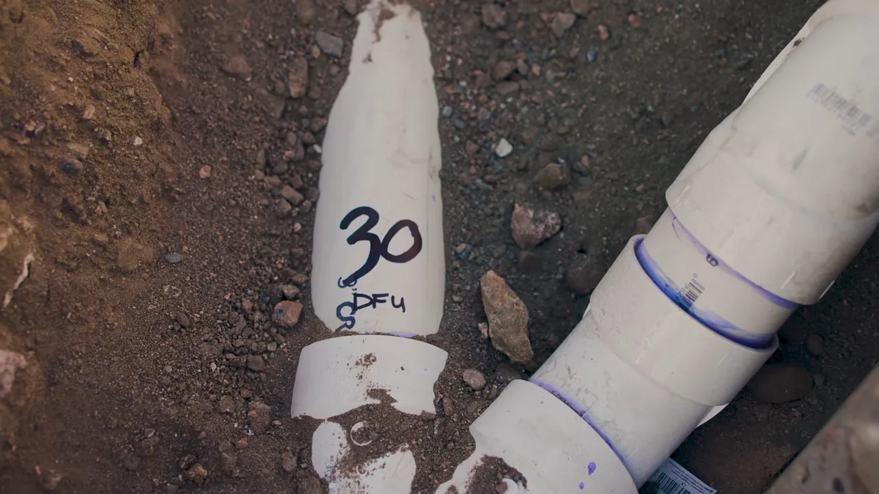 White PVC drain pipe marked with a handwritten 30 and blue primer bands lying in a dug trench