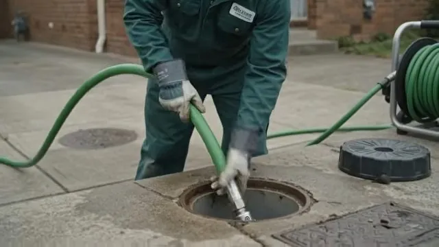 Worker in a green uniform lowering a green jetting hose into a manhole cover opening beside a reel