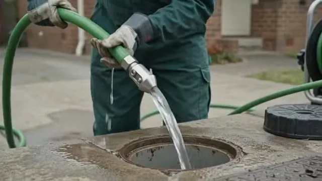 Worker in a green uniform holding a hose nozzle with water gushing into a round cleanout in the pavement
