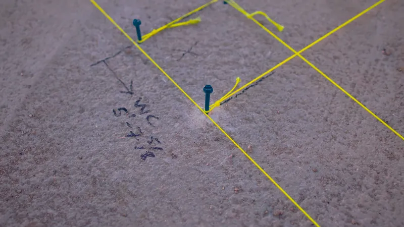 Yellow tape lines and handwritten marks on carpet laid out as a grid around two blue pins
